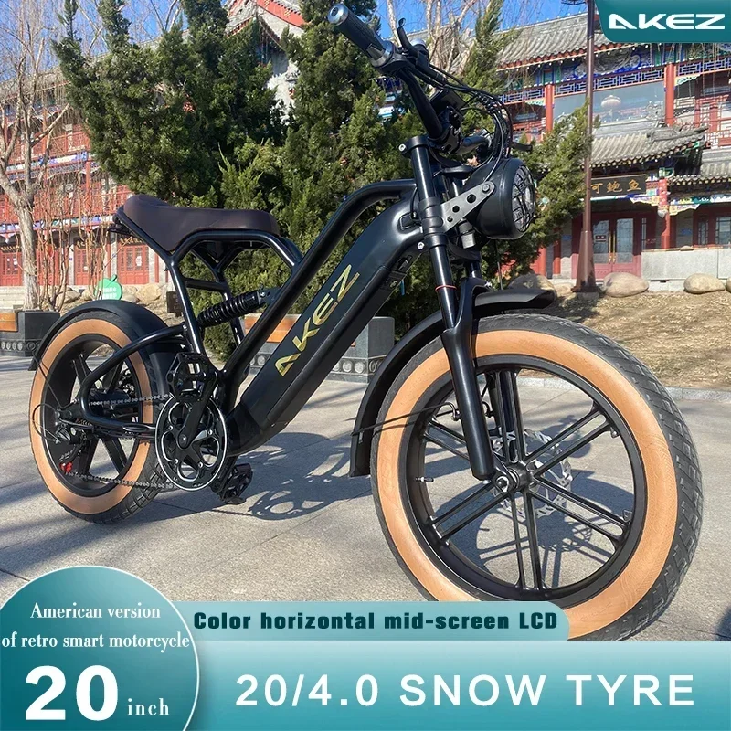 AKEZ 750W Motor Electric Mountain Bike 20"x4.0" Fat Tire Full Suspension Adult Electric Bicycle 48V 13AH Removable Battery Ebike