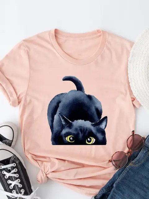 Painting Clothing Women 90s Cute Letter Cat Pet T Clothes Short