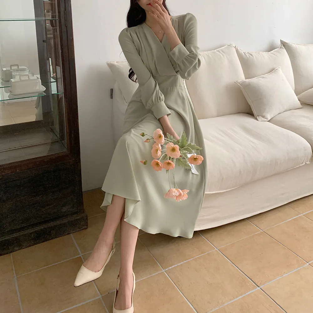 Korean Fashion Autumn Midi Dresses for Women Long Sleeves V-neck A-line Solid Casual Dress Office Lady Clothing New