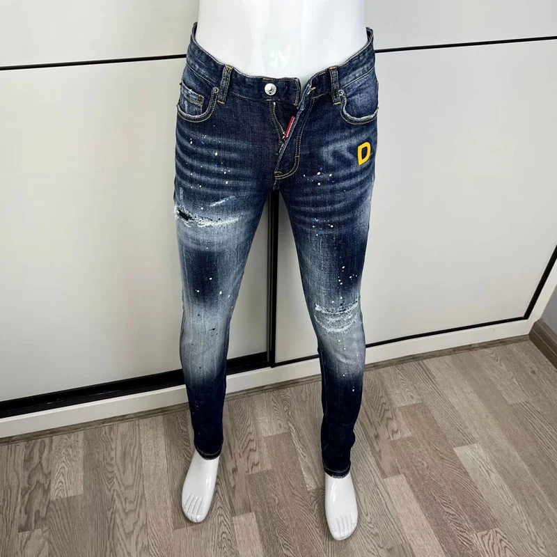 Street Fashion Men Jeans High Quality Retro Blue Elastic Slim Fit Ripped Jeans Men Embroidery Designer Denim Brand Pants Hombre