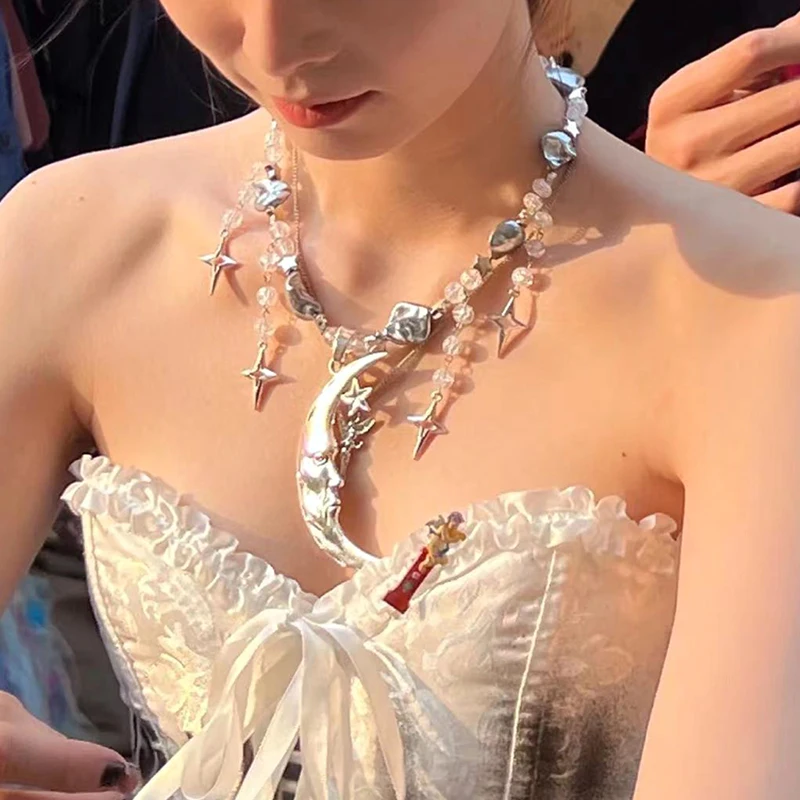 Ciondolo Y2k, collana irregolare di Mabor, Y2k, collana con pietra di luna, collana in metallo Y2k, gioiello a forma di croce, stella Y2k, collana estetica per ragazze e donne gioielli gotici
