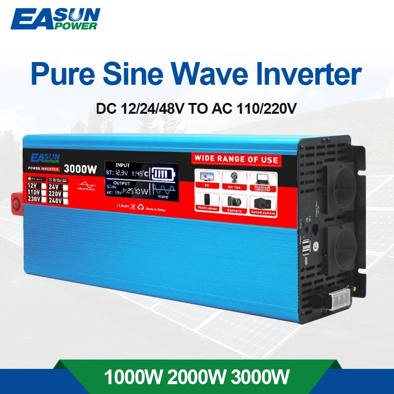 Inverter A Onda Sinusoidale Pura Dc 12V 24V A Ac 220V 1000W 2000W 3000W Display Lcd Convertitore Portatile Power Bank Inverter Solare