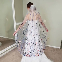 Blue Red Bridal Wedding Veils Floral with Comb Wild Flowers Lace Secret Garden for Brides Colorful Fingertip