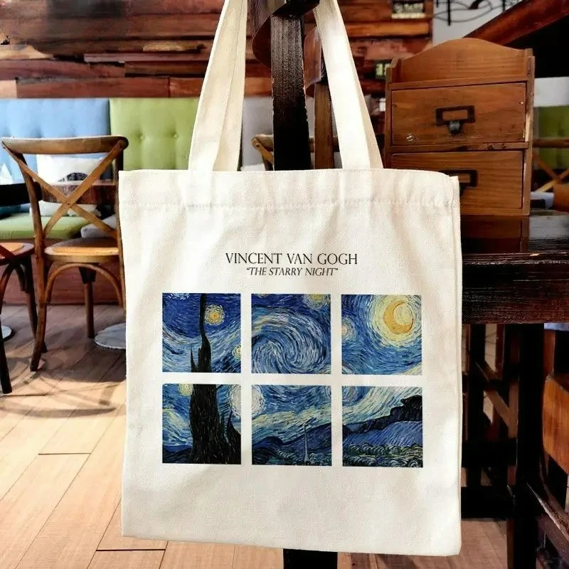Van Gogh Oil-painting Canvas Tote Bag Portable Women Shoulder Bags Large Capacity Shopping Bag Fashion Girl Handbag Reusable 3