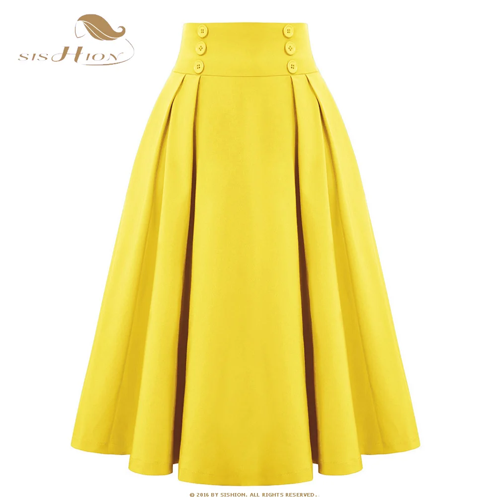 

SISHION 2023 Summer Solid Color Black Red Yellow Green Skirts for Women SS0037 Elastic Waist Pleated Long Midi Skirts Clothes