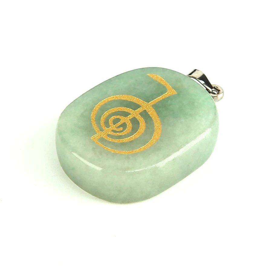 Natural Green Aventurine Reiki Amulet Pendulum Healing Master Prop Chakra Four Element Symbol Energy Stone Pendant Necklace 6