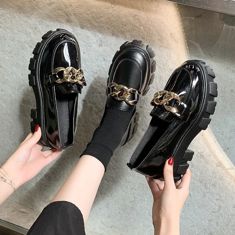 Women Spring Platform Flats Shoes Women Loafers Slip on Boat Shoes Metal Chain Designer Casual Leather Oxfords,women oxford shoes
