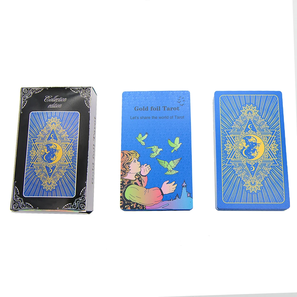 디럭스 문 블루 타로 12X7cm 핫 스탬핑 PVC 방수 내마모성 체스 및 카드 게임 카드 운세 매뉴얼