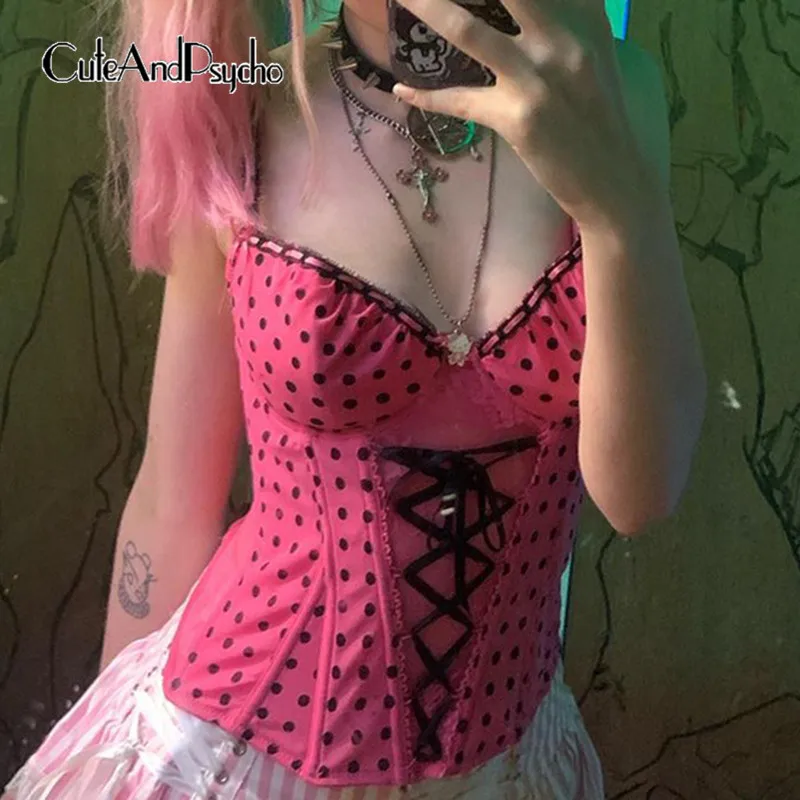 

Милая приталенная Майка cuteandпсихоhotsweet в горошек, шикарный Повседневный бандажный жилет без рукавов Y2K, винтажная эстетичная одежда в стиле пэчворк с V-образным вырезом