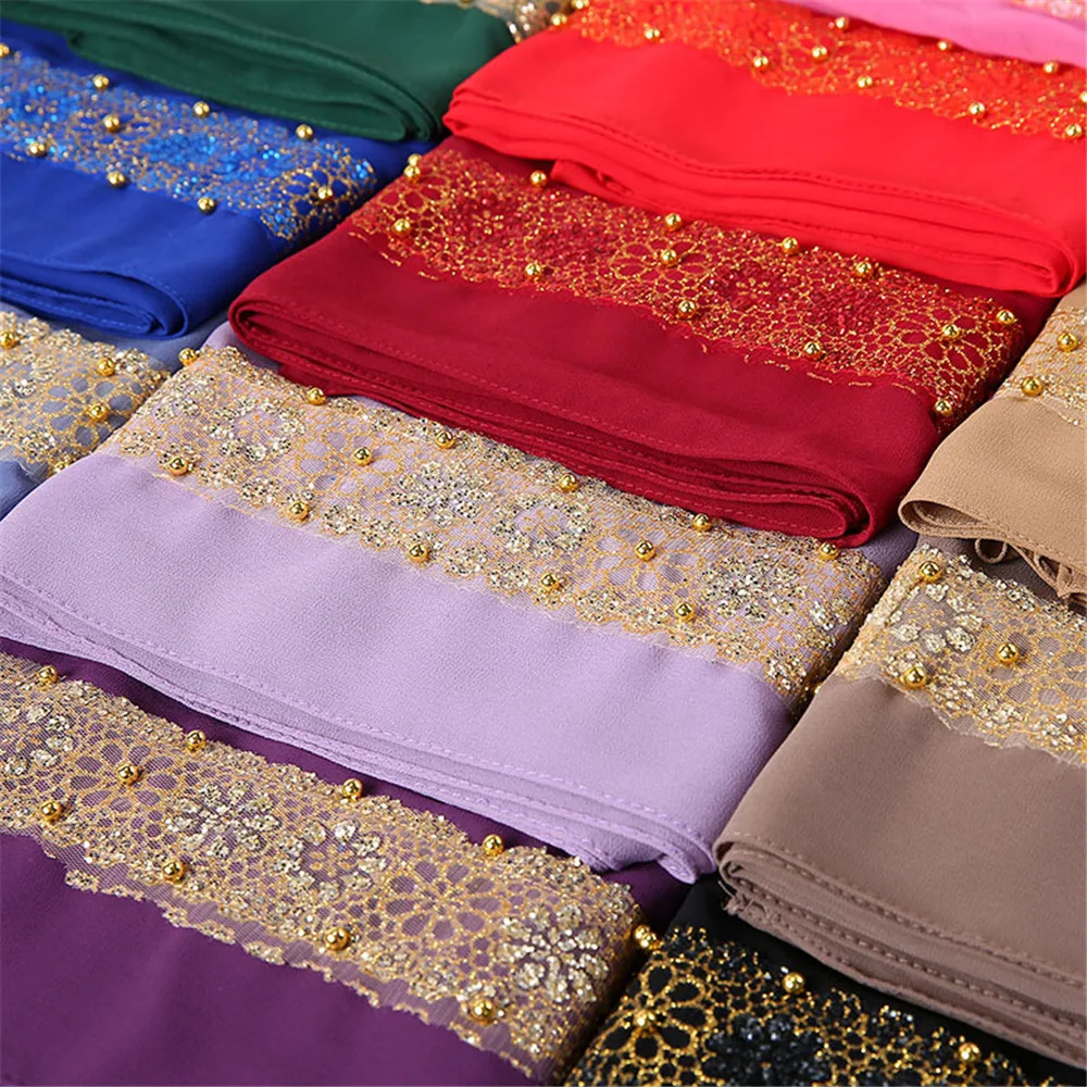 Spitze Chiffon Hijab Schal für Frauen islamisches Kopftuch weibliche muslimische Kopf wickel Schals – Detail 5