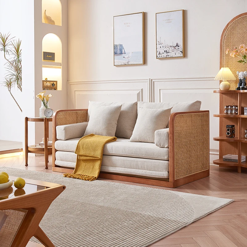 wood sofa bed, small living room, multifunctional rattan woven sofa, household, homestay folding bed