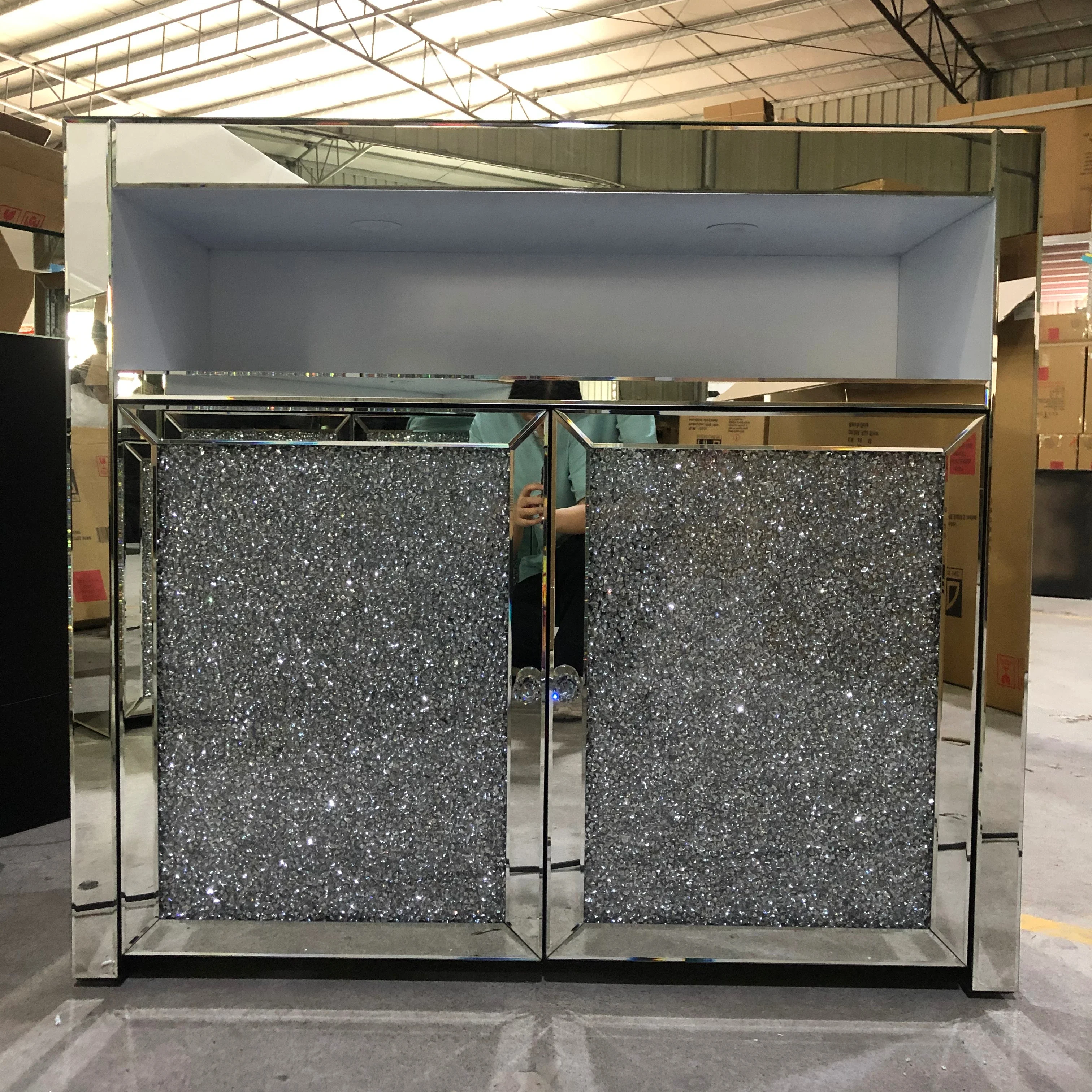 Silver Modern Diamond Wall Cabinet Emitting Diode Glass Decor with Multiple Drawers