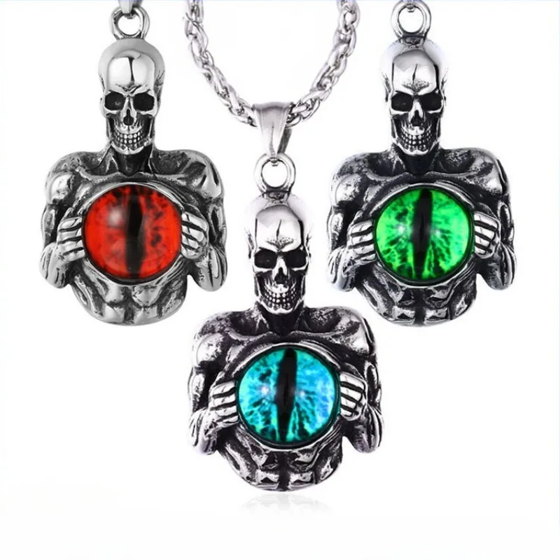 

CHUANGCHENG Vintage Cool Gothic Skeleton Skull Evil Eye Pendant Stainless Steel Men's Necklace Chains Jewelry