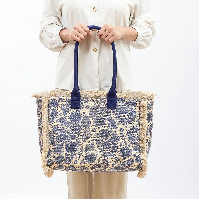 Borsa tote Borsa a tracolla retrò bohémien Borsa con cerniera Borsa in tela di grande capacità Estate da donna