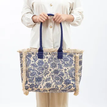 Borsa tote Borsa a tracolla retrò bohémien Borsa con cerniera Borsa in tela di grande capacità Estate da donna