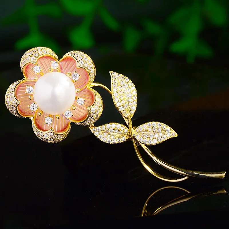

Fashion Zirconia Camellia Brooch Elegant Fresh Water Pearl Enamel Flower Broochpins Temperament Coat Accessories Corsage Female