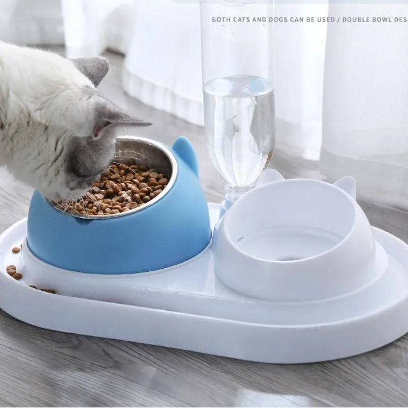 

Pet Cat Bowl Feeder With Dog Water Bottle Automatic Drinking Leak Proof Stainless Steel Bowl Dish Food Slow Feeding Chihuahua