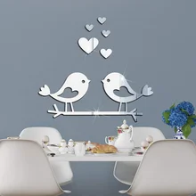 Acrylic Branch Bird Love-shape Mirror Sticker 3D Waterproof Self-adhesive DIY Valentine Day Decoration Mirror Wall Sticker