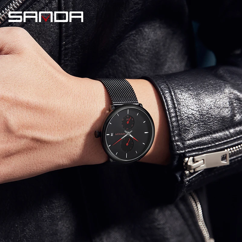 SANDA All Black Casual Fashion Mens Simple Watches Quartz Watch Chronograph Stopwatch Luminous Waterproof Clock Mesh Steel Strap
