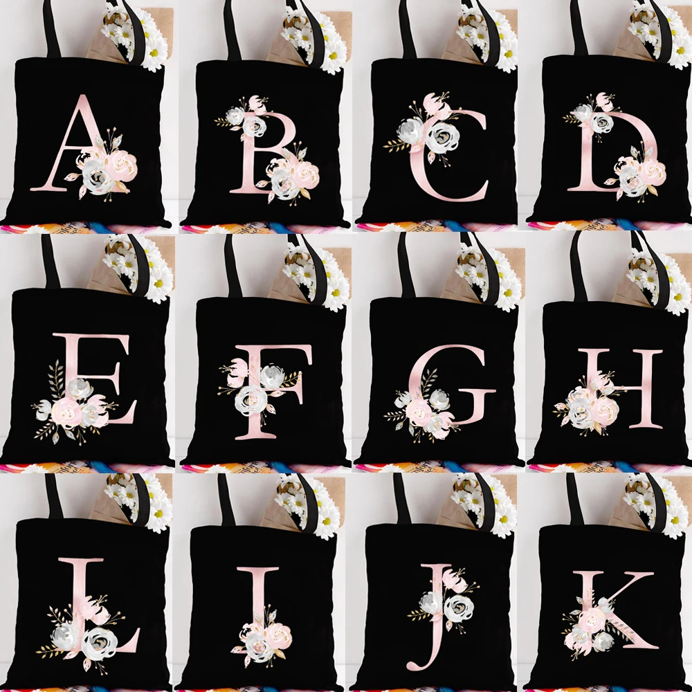 

Pink English Flower initials Letter Print Shopping Bag Shopper Bag Totes Large Capacity Fashion Shoulder Bags Gift For Friends