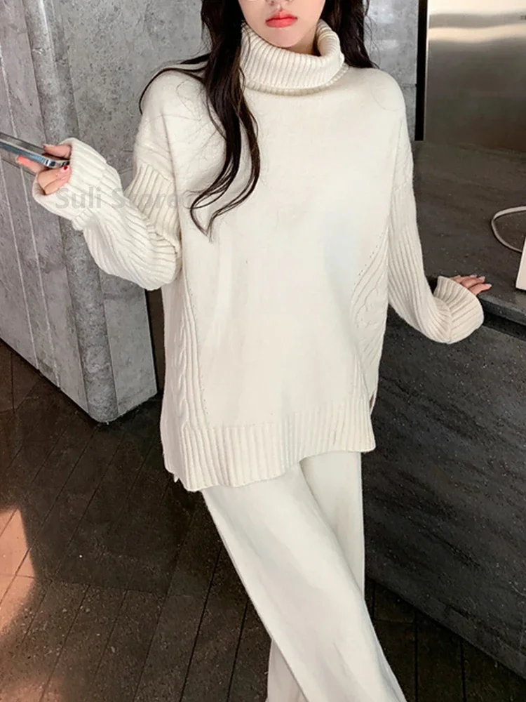 

New Sweater Set Warm suit for Women Winter Knitted Suits 2 Piece Set Soild Turtleneck Sweater Loose Trousers Office Lady Suit