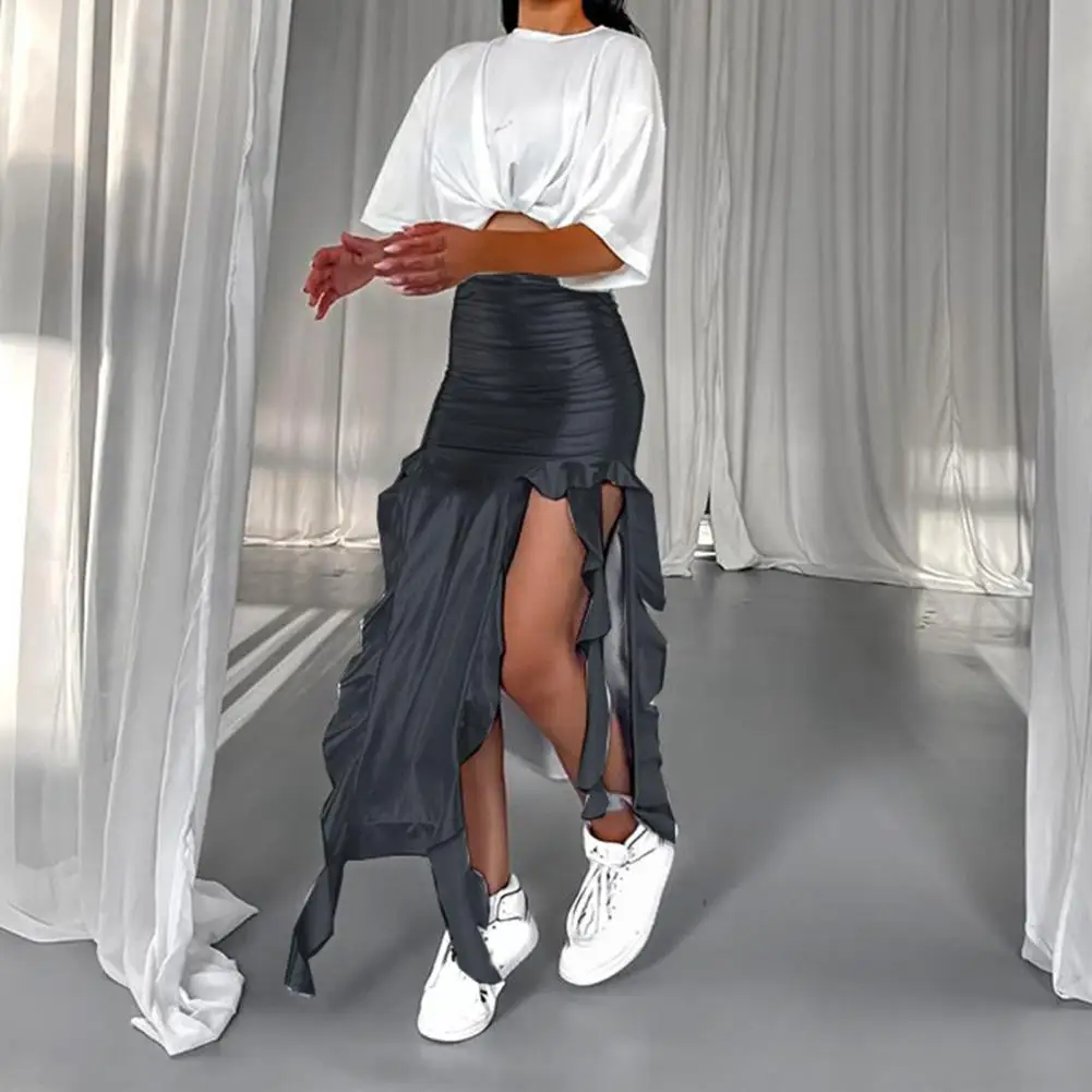 

Women High Waist Skirt Pleated Skirt Elegant High Waist Maxi Skirt with Ruffle Trim Asymmetric Fishtail Design for Women Sexy