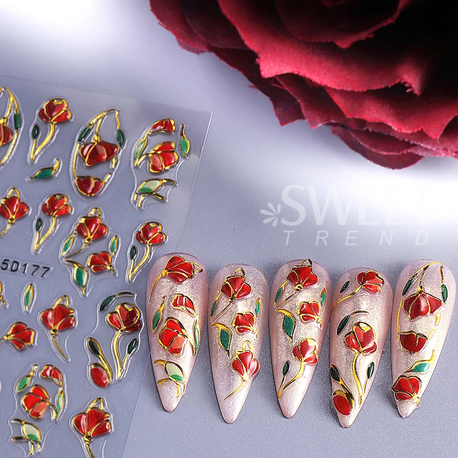 5D Metallic Gold Line Petal Nail Art Sticker Red Glossy Floral Frame Nail Supplies Decals With Glitter Elegant Flowers Manicure