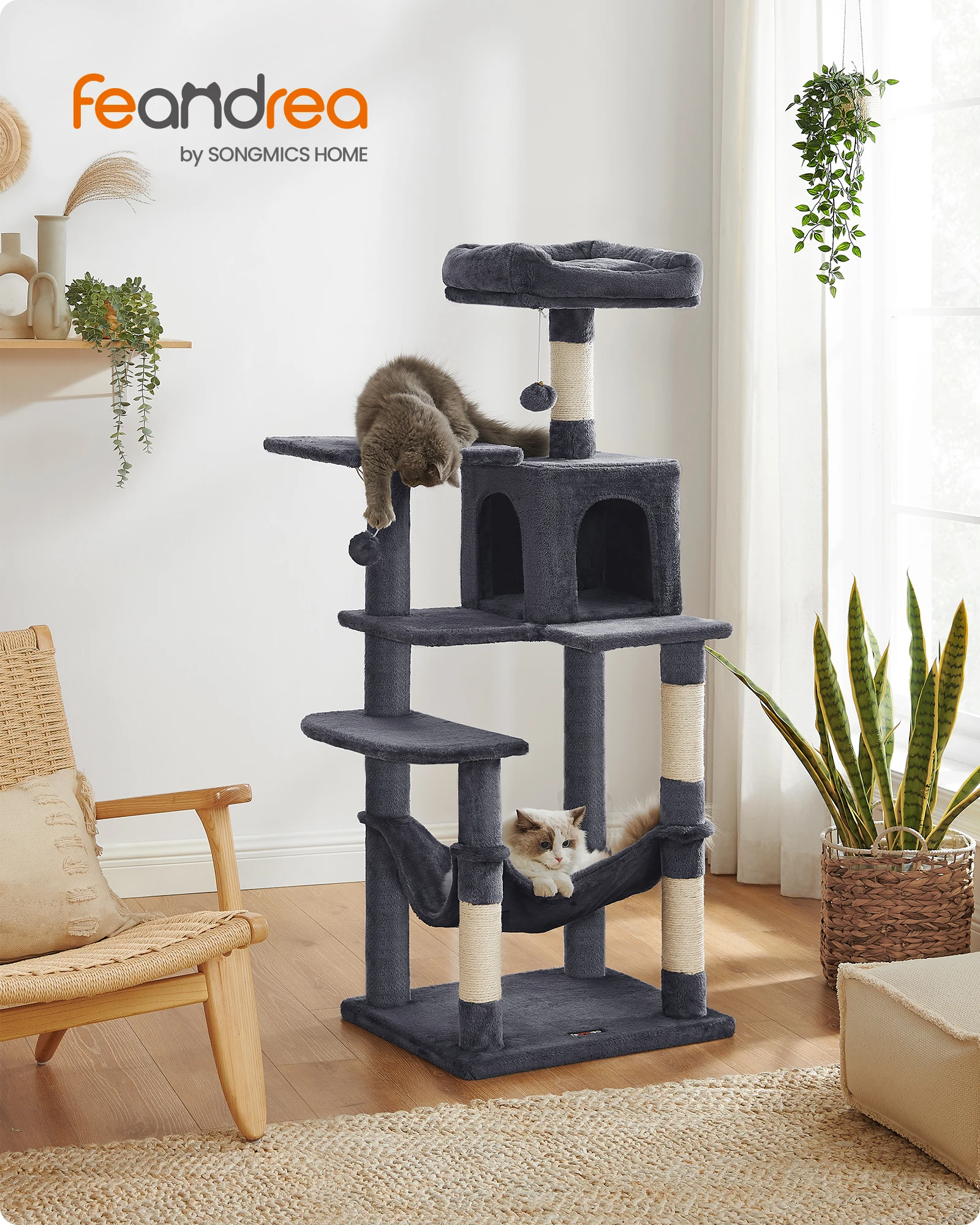 Feandrea-árbol para gatos de 143 cm, torre para gatos de interior, condominio para gatos con 4 postes para rascar, 2 perchas, pompones, gris ahumado 1