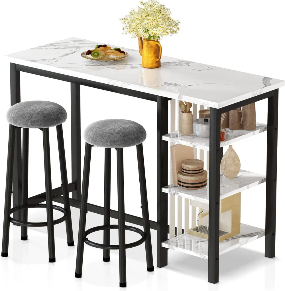 

AWQM Bar Table Set with Storage Shelves, 47" Modern White Faux Marble Breakfast Table with 2 Velvet Stools