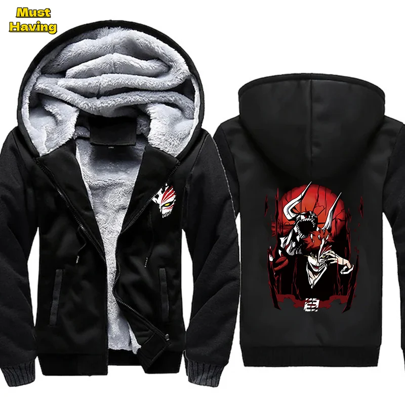 

Anime Bleach Graphic Plush Lined Jacket for Men Full Zip Hooded Sweatshirt Winter Warm Thicken Fleece Outwear Snow Coat Tops