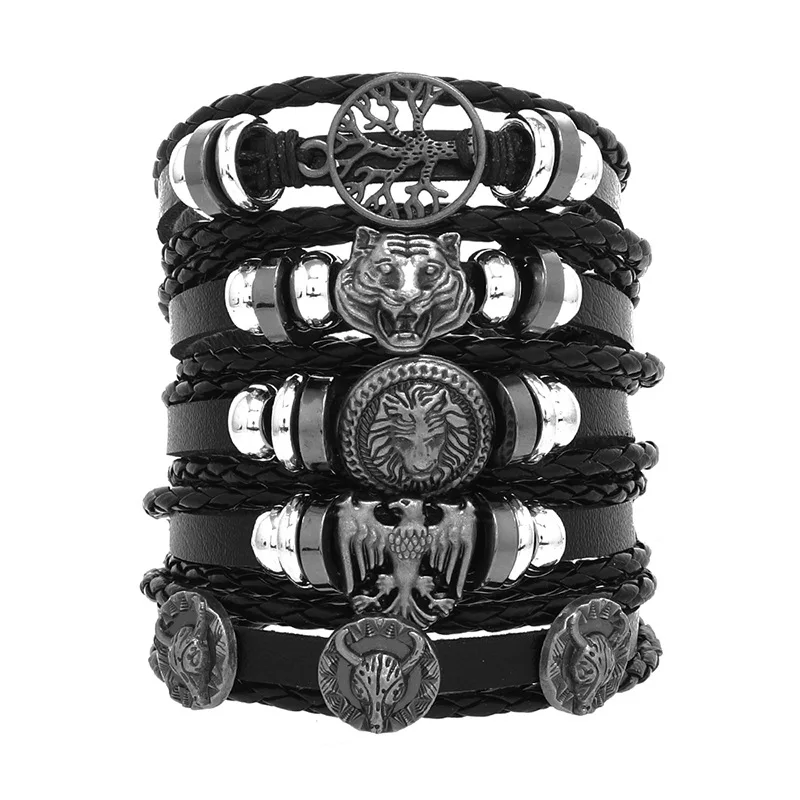 Leather Bracelet Fashion Skull Multi-layer Beaded Hand for Men Set Adjustable DIY Leather Winding Hand Rope