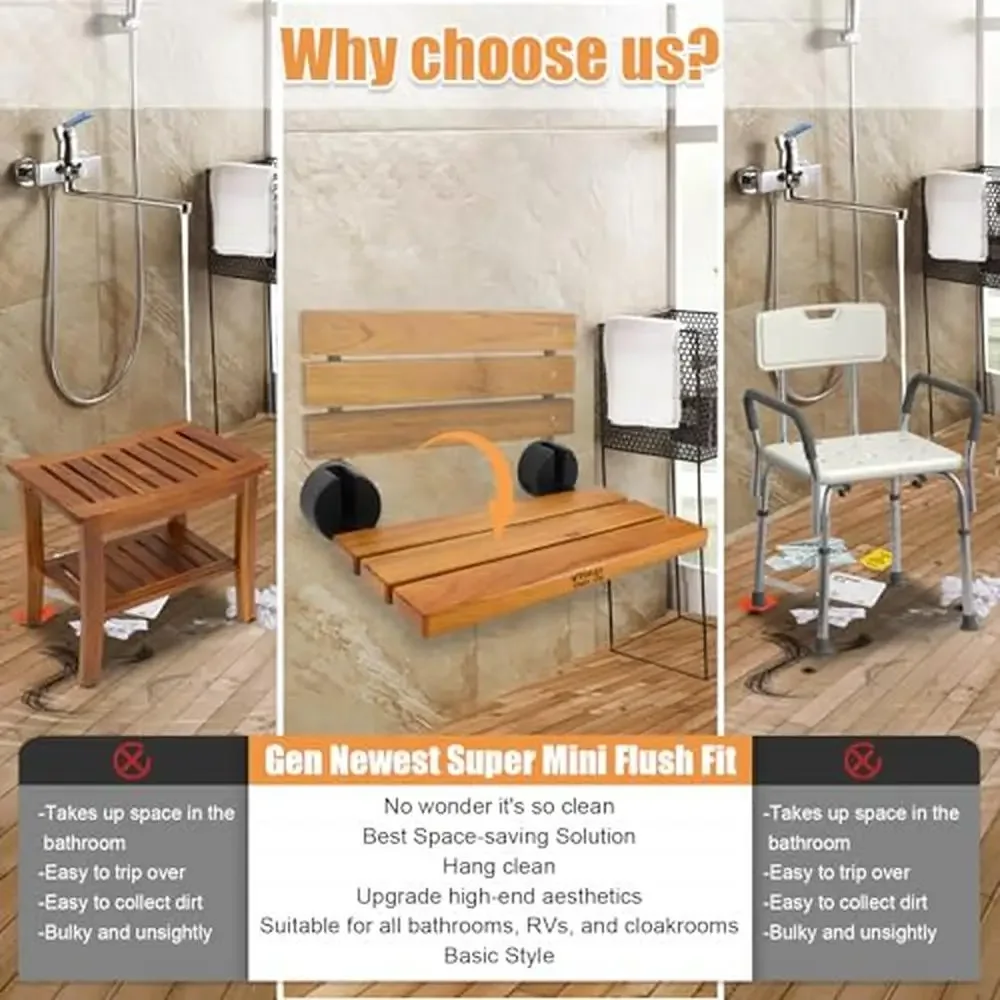 Teak Wood Wall Mounted Foldable Shower Bench Small Space Comfortable & Sturdy Ideal Shower Room Hospital Living Room Non-Slip & 2