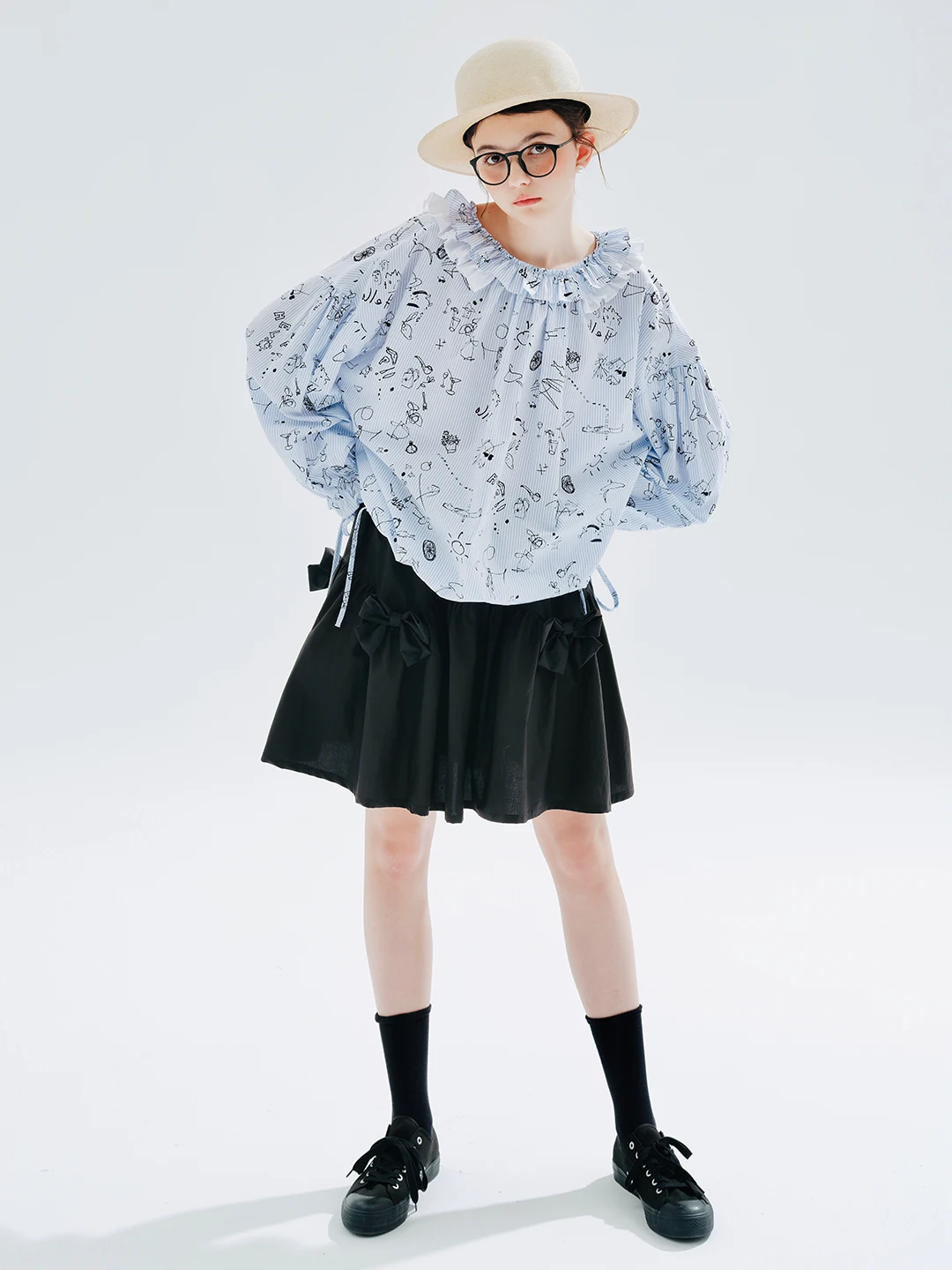 IMAKOKONI original design black skirt pure cotton bow elastic waist fall new women's skirt 234245