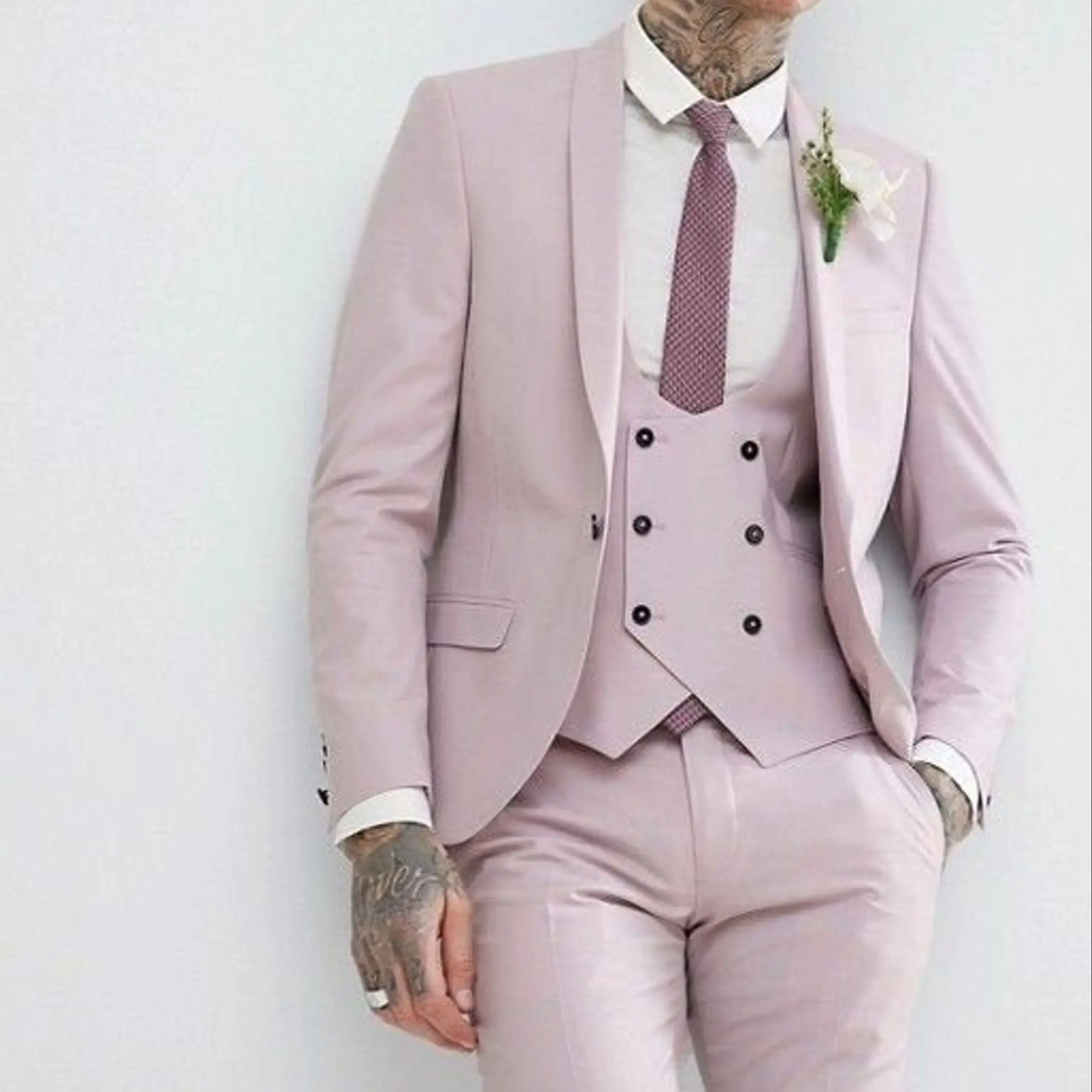 

Latest Pink Shaw Lapel Male Suit 2023 Slim One Button Formal Prom 3 Pieces Men's Sets Blazer+Vest+Pants Tuxedos Costume Homme