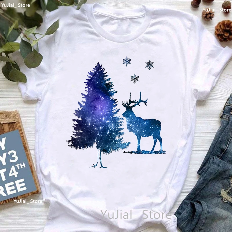 

Watercolor Christmas Tree Reindeer Print Tshirt Girls Fashion Xmas Gift T Shirt Femme Short Sleeve Female T-Shirt Harajuku Tops