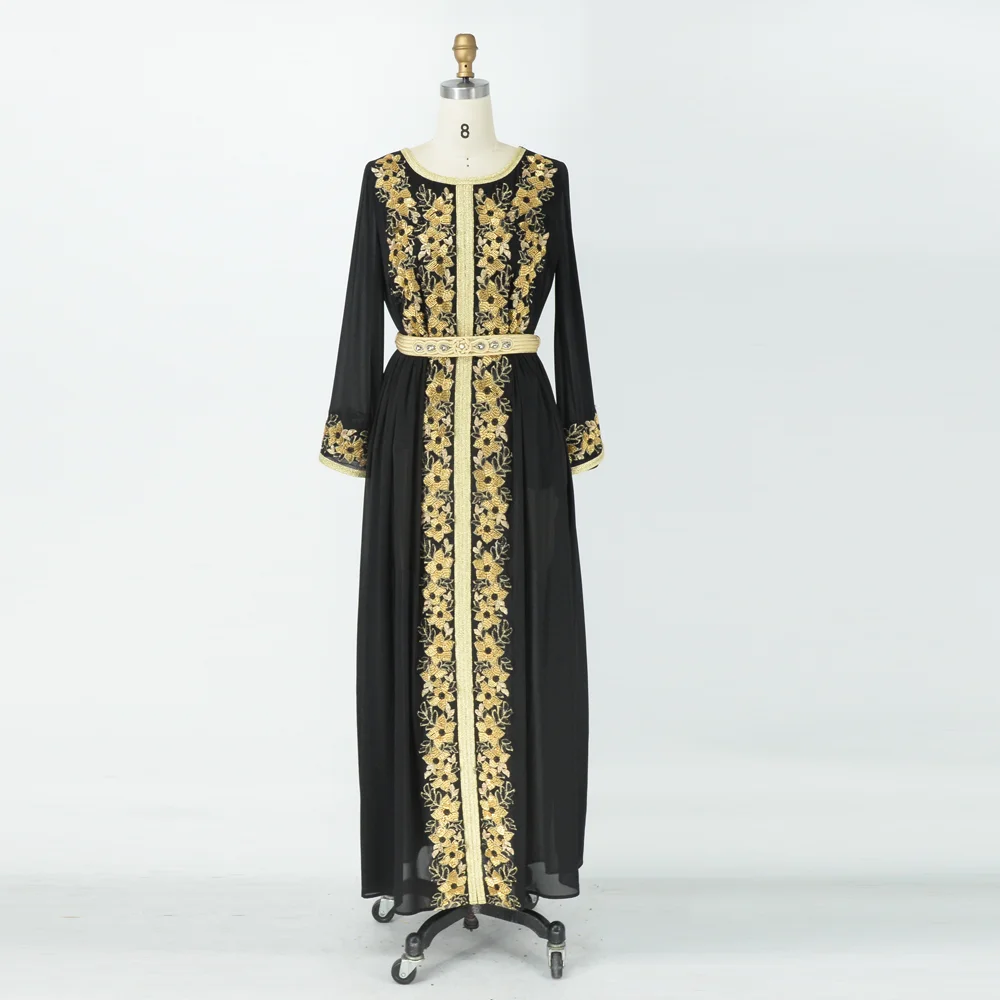 Dubai Dress Abaya For Women Flower Pattern Beaded O-neck Turkey Kaftan Caftan For Wedding Muslim Abaya With Belt Women Clothing
