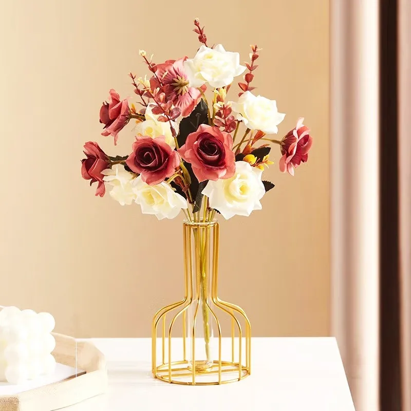1pc Iron Art Hollow Out Golden Vase Creative Metal Bottle Flower Arrangement with Transparent Hydroponic Test Tube Home Decor 3