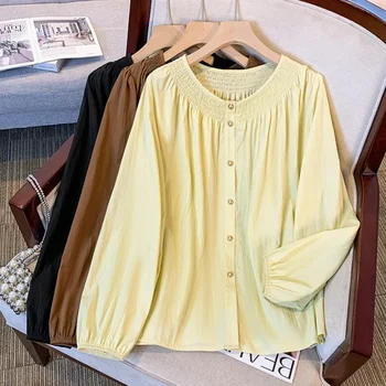 Plus Size Blouses Female 2026 Spring Autumn New Arrivals O Neck Collar Lantern Sleeve Tops Woman Loose Single-breasted Shirts