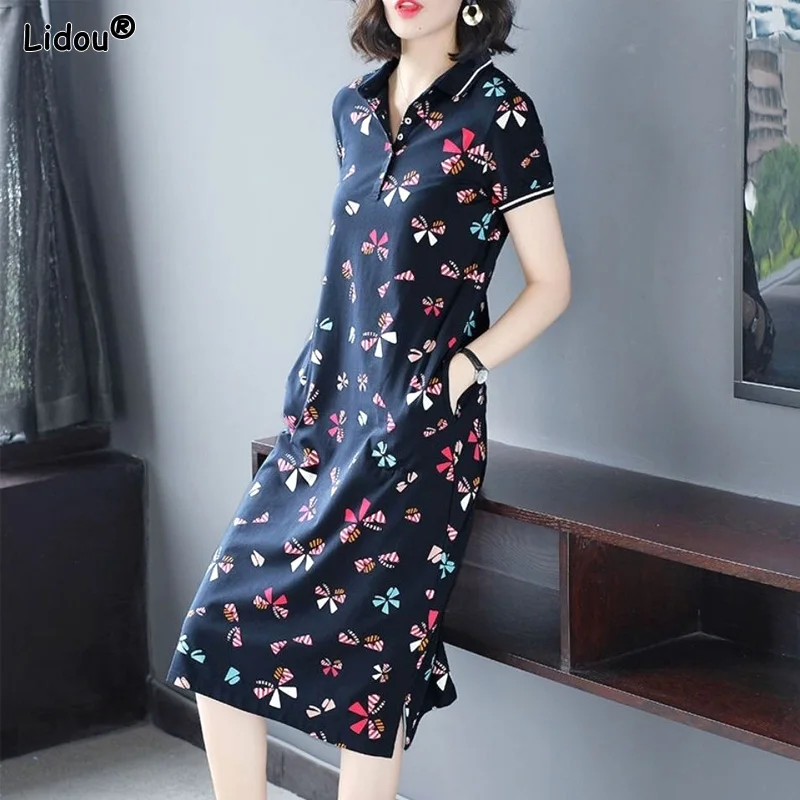 

Knee Skirts Turn-down Collar Button Loose Pullovers Dresses Casual Printing Solid Color Simplicity Women's Clothing Summary Thin