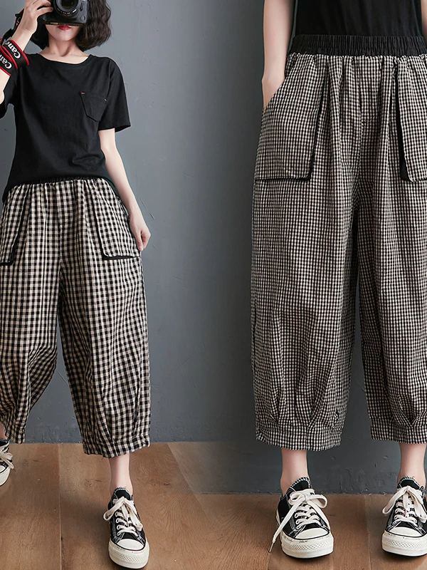 Retro Cotton Linen Plaid Wide Leg Pants Women Summer Casual Seven-Foot Loose Large Size Fat MM Match Lantern Pants