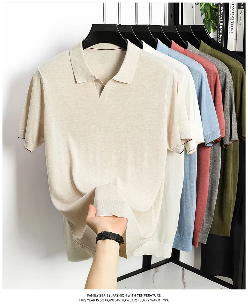 100% Lyocell Knitwear 2025 Men Spring Summer Trendy Turn Down Collar Knit Tees Short Sleeve Breathable Knit Tops