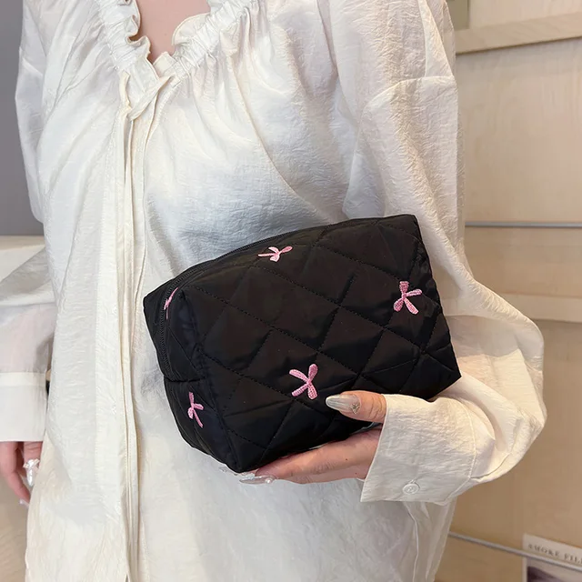 Bow Embroidered Makeup Bag for Women Large Capacity Travel Cosmetic Toiletry Storage Bag