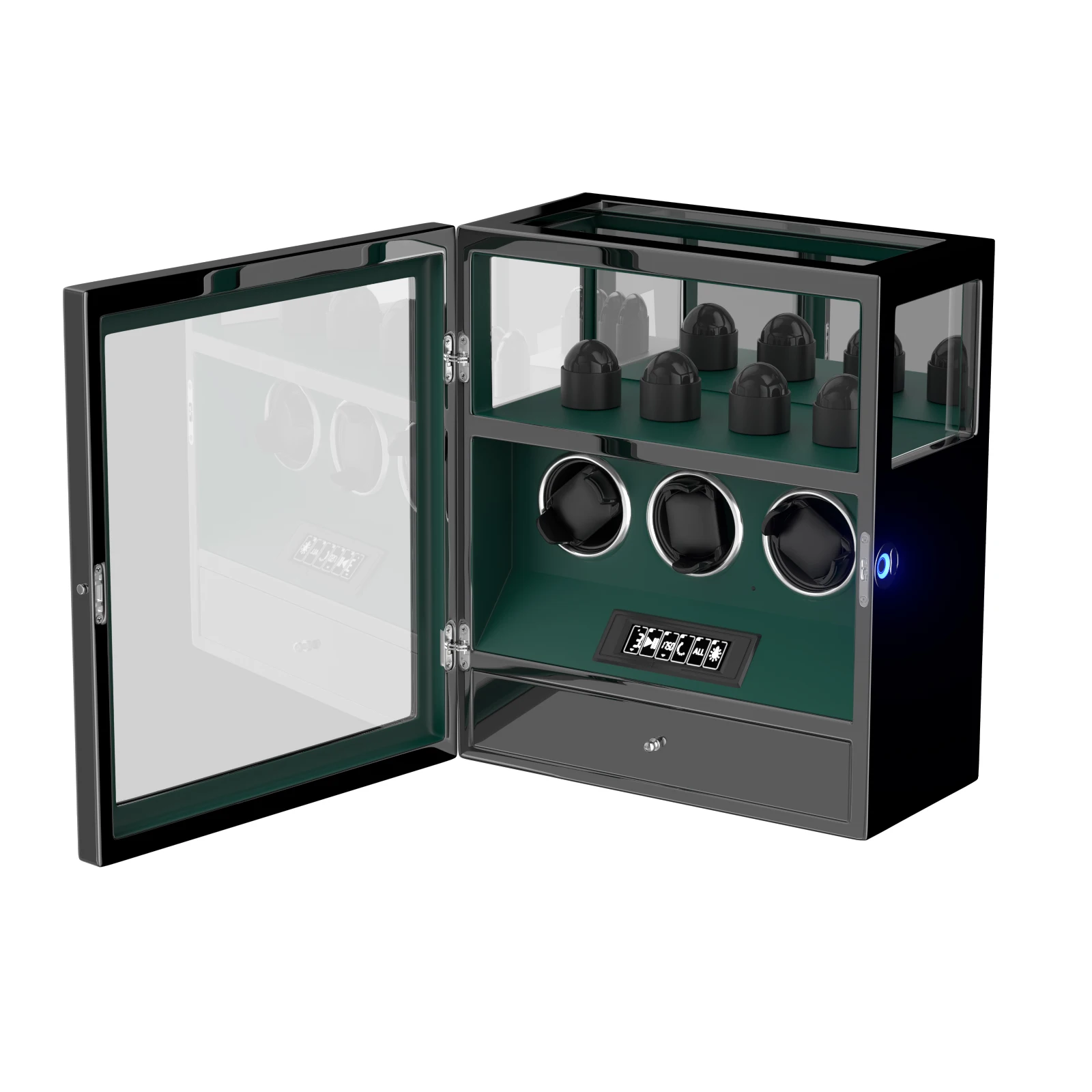 S458594390a994b668c252606f5271a08i Fingerprint Unlock Automatic Watch Winder 3 Slots Display and Jewelry Storage Drawer Remote Control Watch Safe Box