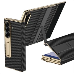 Premium TriFold Magnetic Leather Flip Phone Case with 9H Glass Protector & Kickstand Bracket for Galaxy Z TriFold (Carbon Fiber Grain)