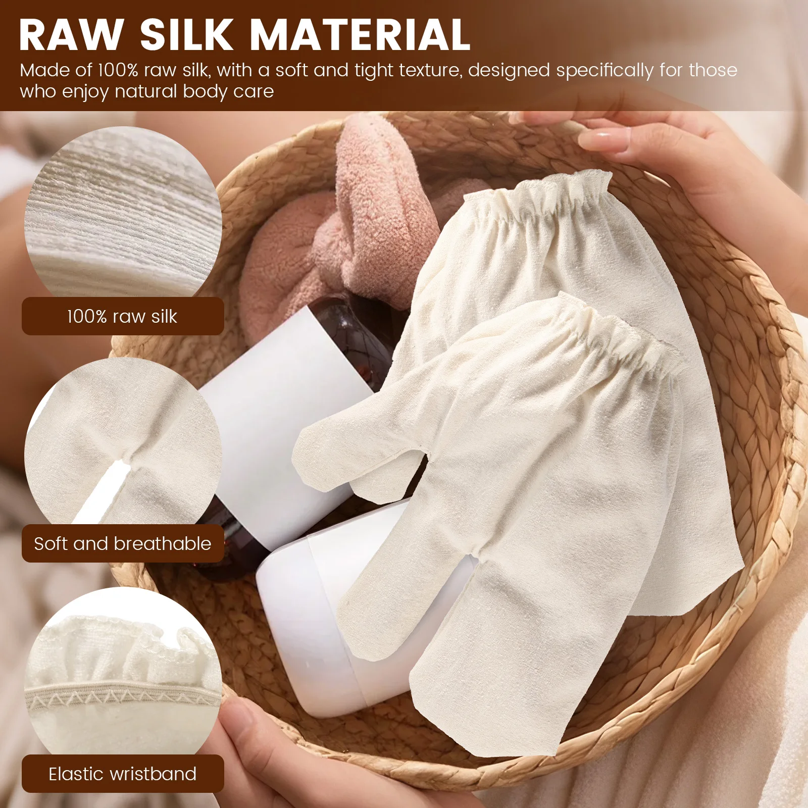 1 Pair Exfoliating Shower Gloves Soft Raw Silk Body Massage Glove With Elastic Wristband Bath Rubdown Glove for Arm Leg Cleaning