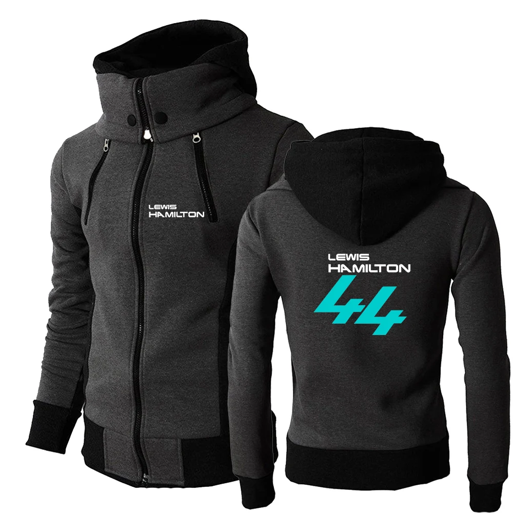 

F1 Driver Lewis Hamilton Digital 44 Men's Long Sleeves Solid Color Sweatshirts Jacket Double Zipper Hoodies Design Sports Tops