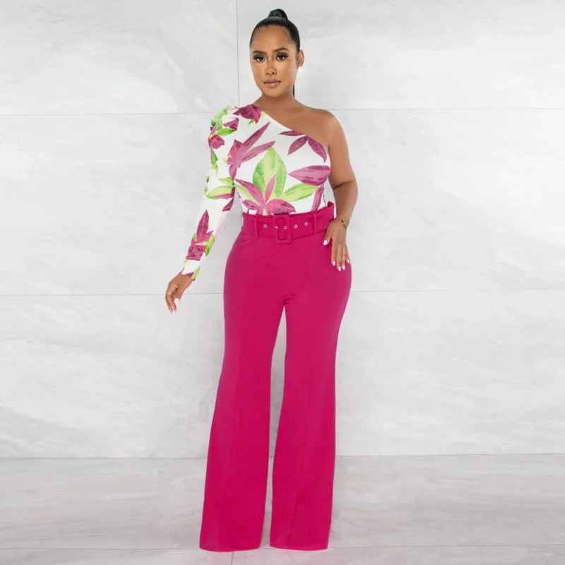 

KEXU Leaf Printed One Long Sleeve Shirt Style Belt Straight Jumpsuit 2023 Women Fashion Street Playsuit One Piece Suit Romper