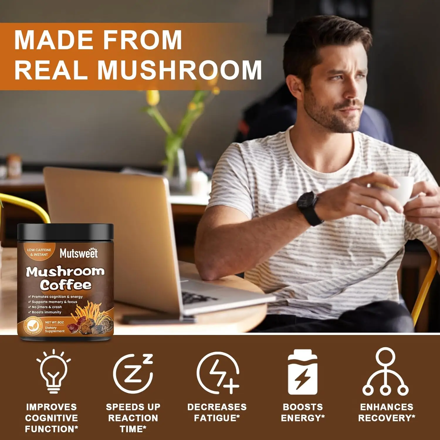 Mutsweet Mushroom Coffee Supplement with Reishi Mental Clarity Concentration Support Brain Booster energy booster lions mane mushroom capsules reishi capsules
