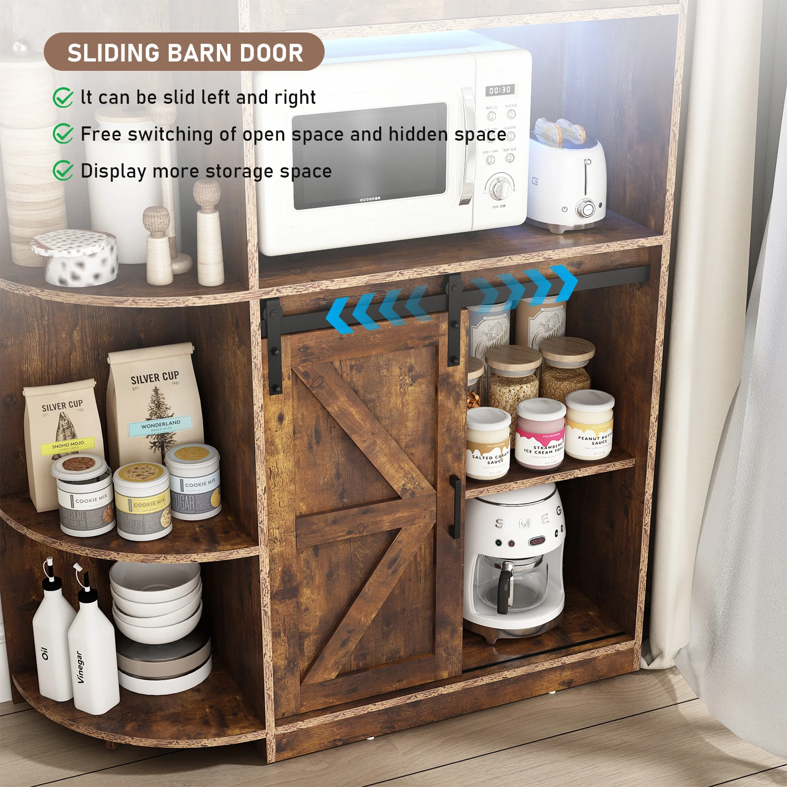 71" Farmhouse Kitchen Pantry Storage Cabinet, Freestanding Hutch Cabinet w/Barn Doors & Shelves, Buffet Sideboard, Brown/White