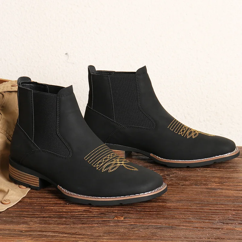 Retro Chelsea Boots Men Shoes PU Brown Embroidery Business Casual British Style Street Urban Wear Classic Black Ankle Boots